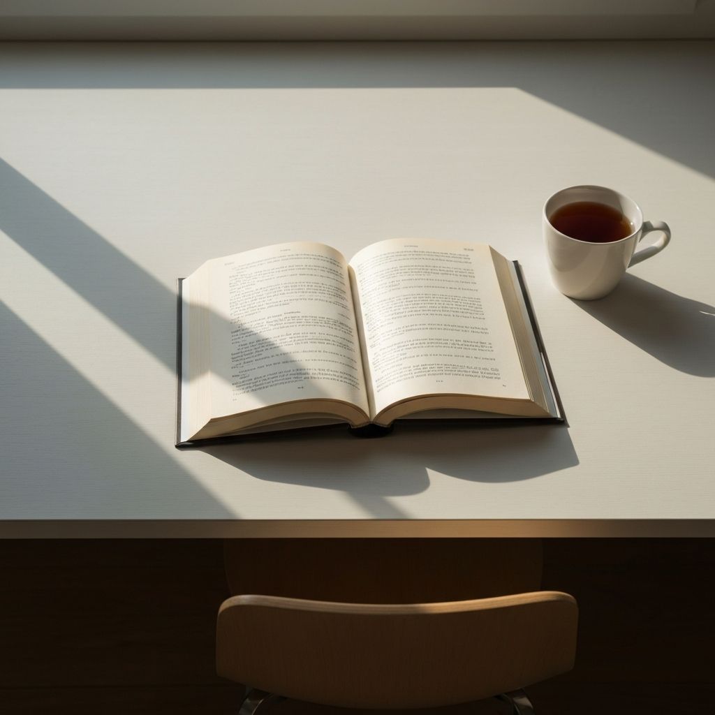 Отворена књига у уредном простору — симбол знања и истраживања